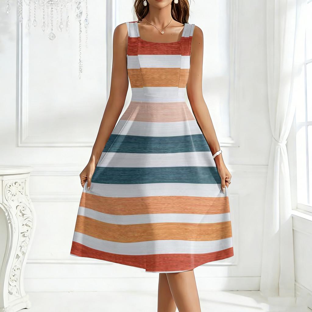 Ladies' square neck striped sleeveless large swing dress