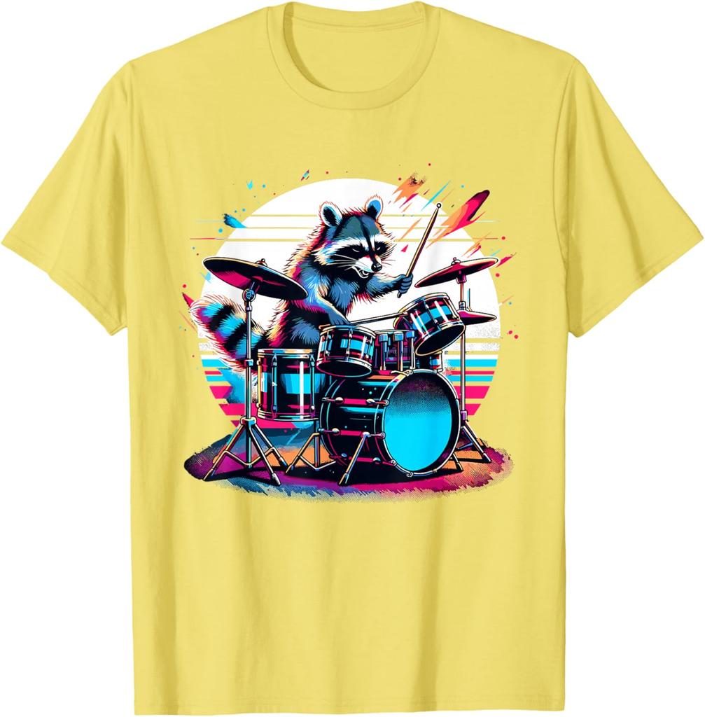 Raccoon Drummer Musician Retro Graphic TShirt Breathable Casual Cotton Tee