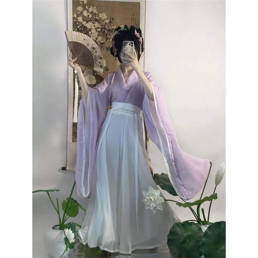 

Комплект из трех частей с юбкой длиной до талии и перекрестным вырезом в стиле династий Вэй и Цзинь для женщин S фиолетовый