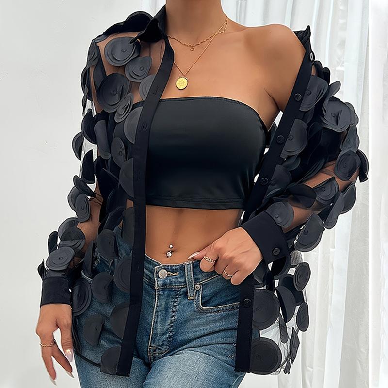 Black See-Through Blouse with 3D Circle Details