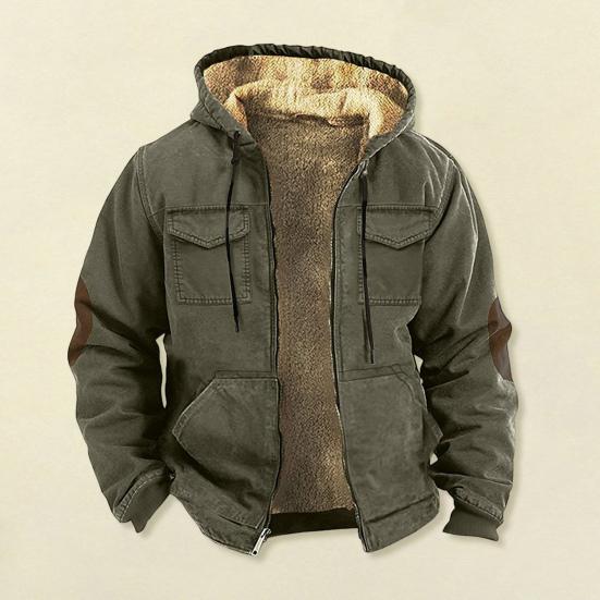 Herren Thermojacke mit Kapuze Kordelzug Langarm Einfarbig Jacke mit Taschen