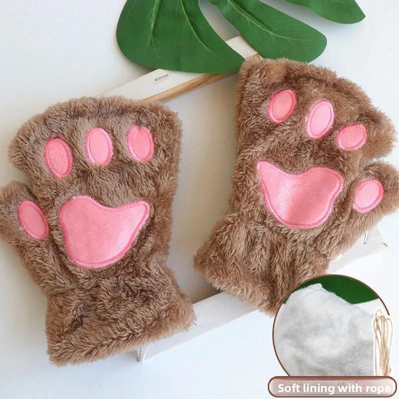 Adorable Cat Paw Print Mittens Women Winter Warm Gloves Thermal Insulated Half Finger Claw Design Outdoor Winter Accessories