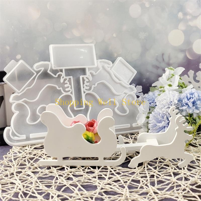 KX4B Christmas Sleigh Deer Silicone Epoxy Resin Mould for Epoxy Resin, Home Decoration, Gypsum Ornament CN