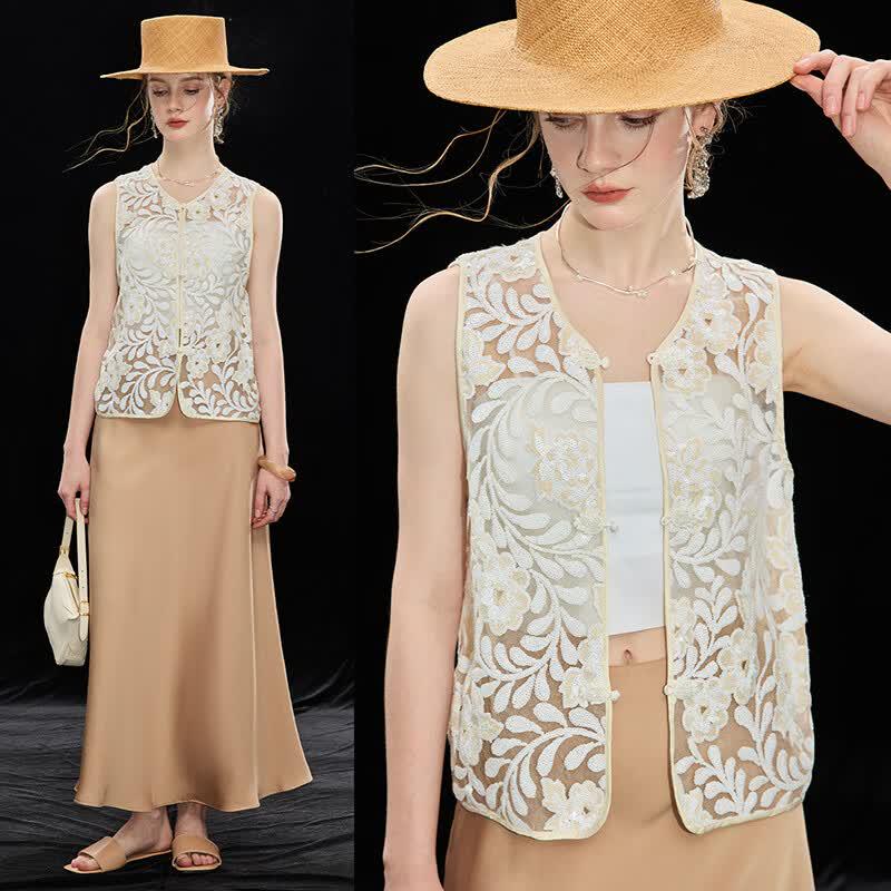 New Chinese Style Sequin Embroidered Sleeveless Mesh Vest L кремовый