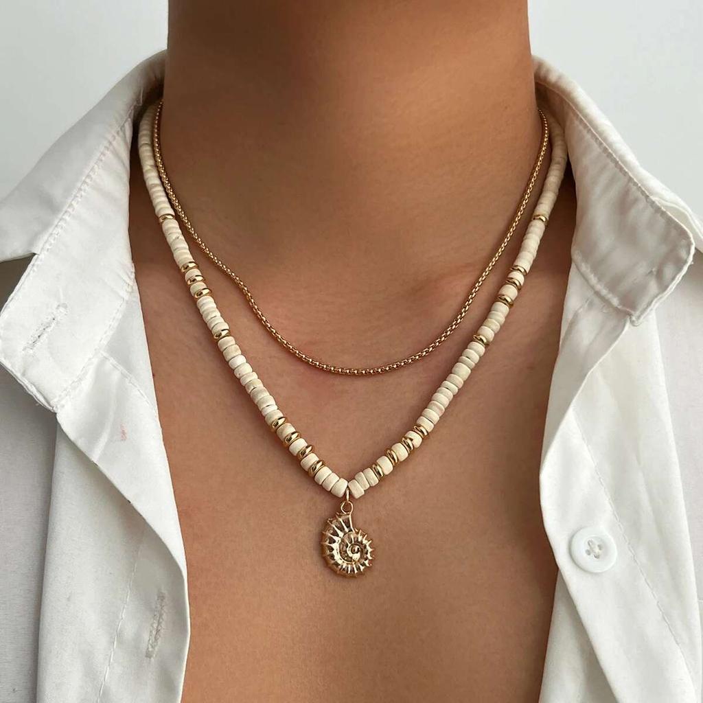 SHIXIN 2Pcs/Set Coconut Husk Wood Beads Chain Choker Necklace for Men Bohemian Sun Conch Starfish Pendant Necklace Male Jewelry