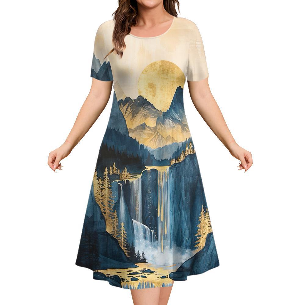 Marble Landscape Printed Women's Clothing Summer Short Sleeve Elegant Party Dresses Round Neck Short Sleeve Blue Premium Dress