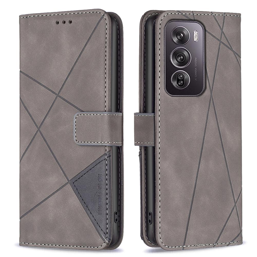 

For Oppo Reno12 Pro 5G (Global) Phone Cases Wallet Stand Geometry Imprint Leather Cover Grey