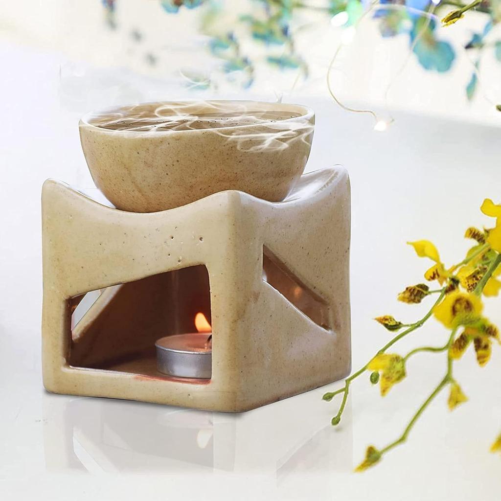 Ceramic Clay Candle Operated Aroma Burner Oil Diffuser, Extra Large Bowl, with 1 Tealight, 4 Inch, (Brown Dotted)