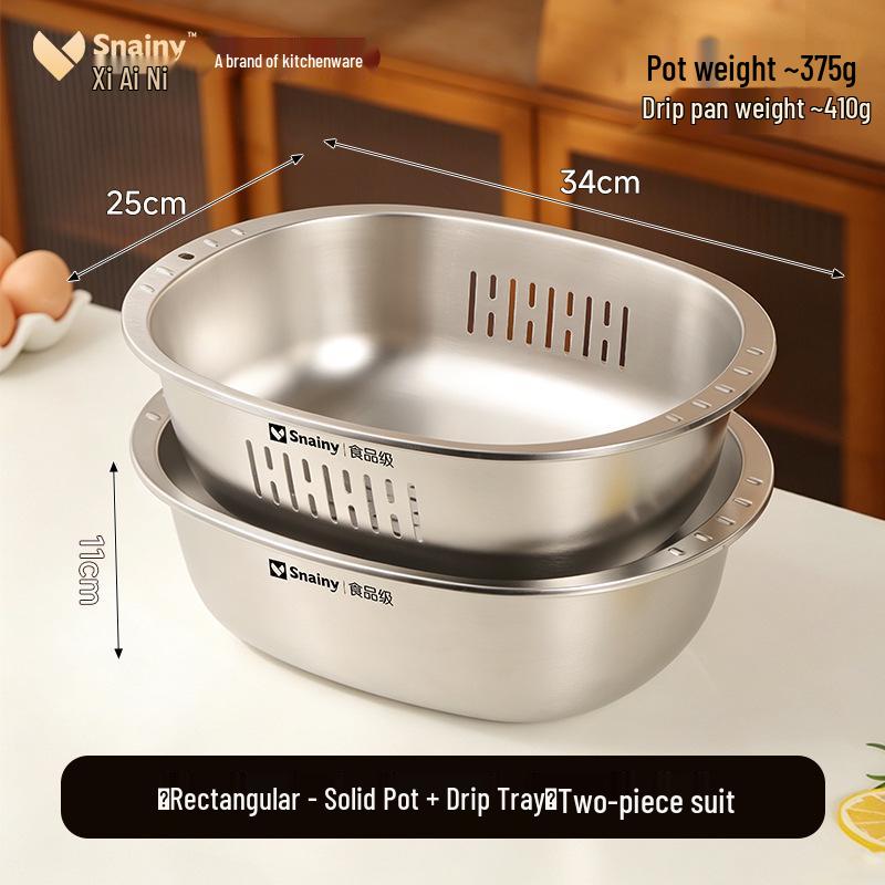 Stainless Steel Square Colander & Storage Basin Set for Washing Vegetables and Fruits