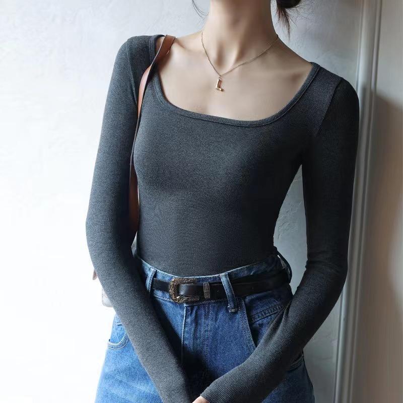 Shirt Square Neck Ribbed Fabric Autumn Bottom Shirt Black Low Neck Women's Shirt Striped Splicing