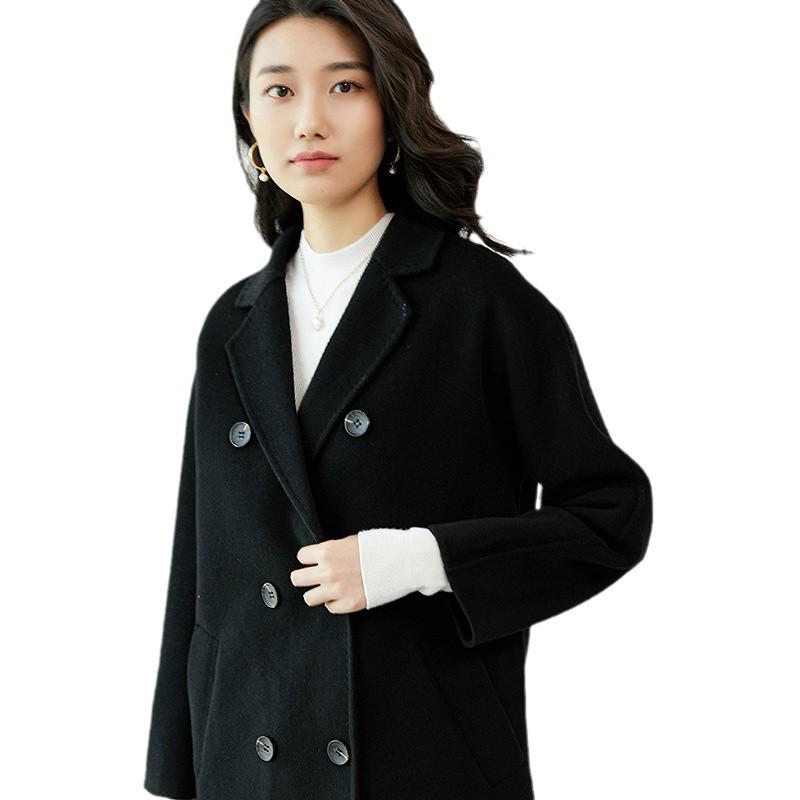 Women's Double-Breasted Wool Coat with Suit Collar - Korean Loose Slimming Style