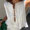 European American Summer New Ruched Bandage Pure Color Crew Neck Vest Tops Round Necked Lace Up Top