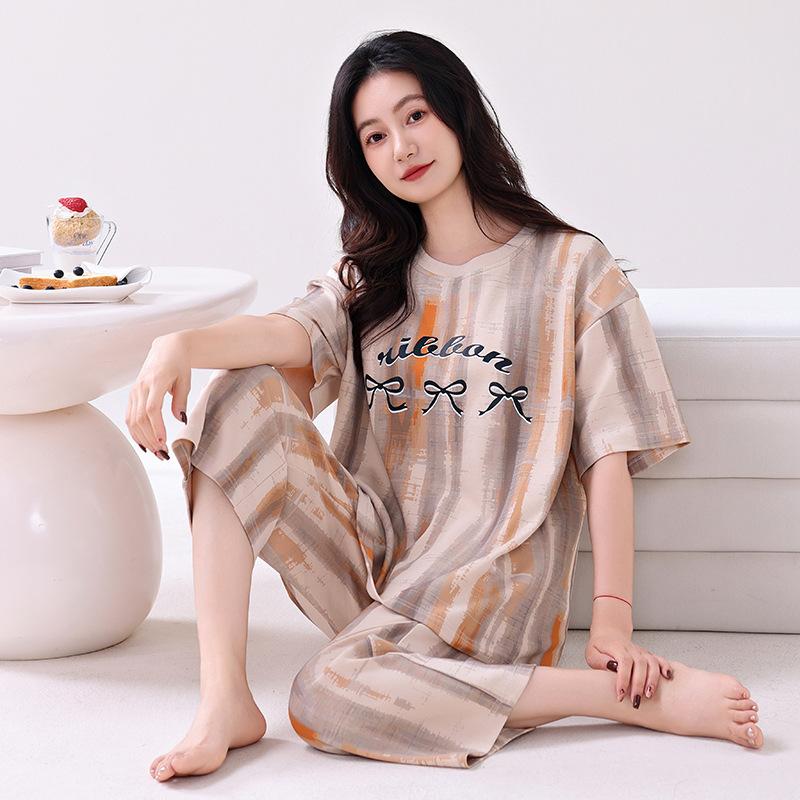 Pajamas women's summer pure cotton short-sleeved printed cropped pants thin cotton women's loungewear summer loose large size set