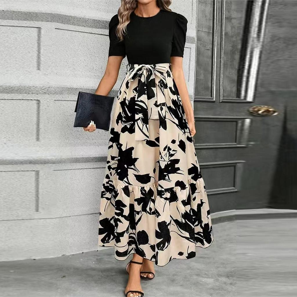Women's Floral Print High Waist Fashionable And Elegant Dress
