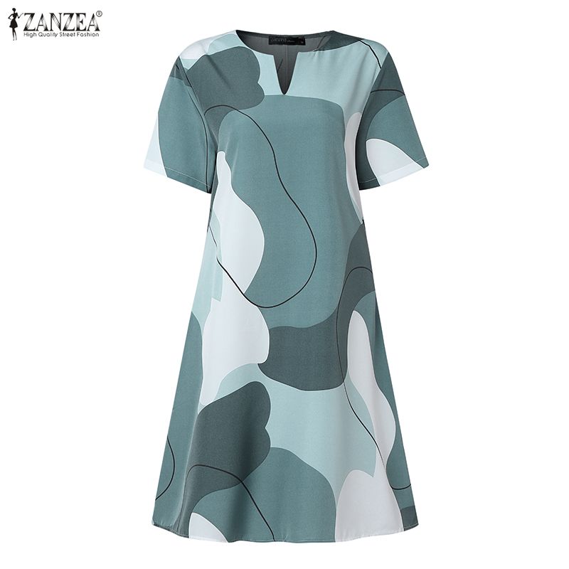 ZANZEA Women Casual V-Neck Short Sleeve Loose Summer Print Dress