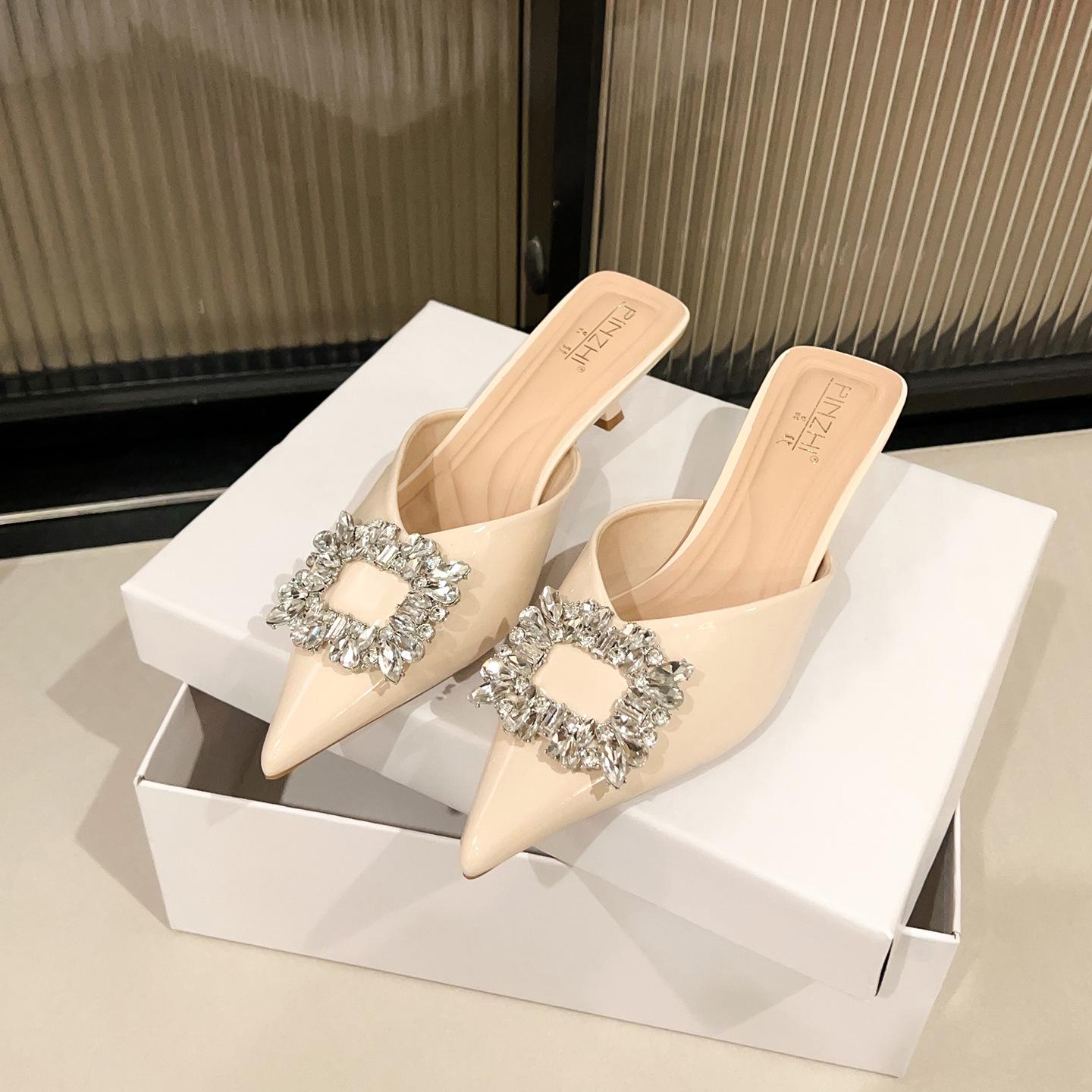 F45-B12 Elegant Rhinestone Buckle Pointed Toe High Heel Mules - Women s 2026 Summer Collection 38 бежевый