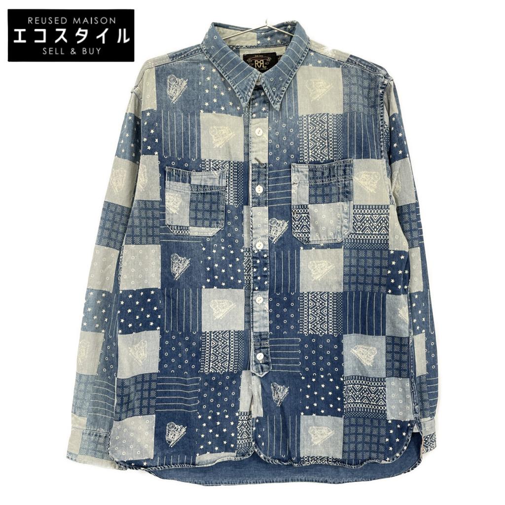 RRL Indigo X Blue Band Color Print Patchwork Shirt Tops M Indigo X blueUsed