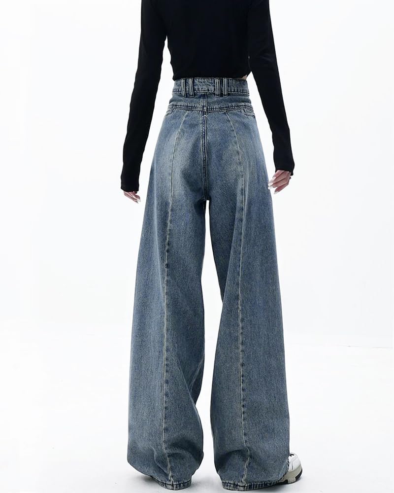 MTUIOY Denim Gaucho Locker Hohe Entspannte Weite Hosen, Damen Jeans, Hosen, Passform, Taille, Einfach, Figurschmeichelnd, Lässig, Stilvoll, Beinverlängernd,