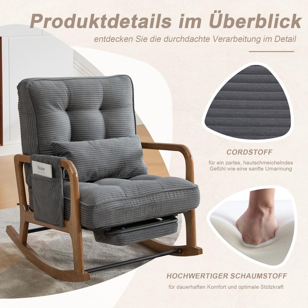 Modern Rocking Chair with Footrest, with Side Pockets, with Lumbar Cushion and Adjustable Backrest for Living, Bed and Childrens Room.(grey corduroy)