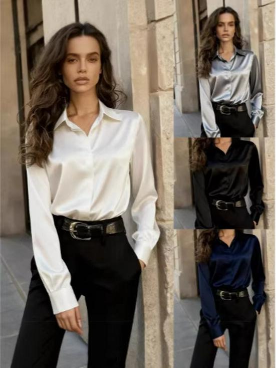 Elegant European & American Style Satin Long Sleeve Women's Shirt - Fashionable Commute Top 2026