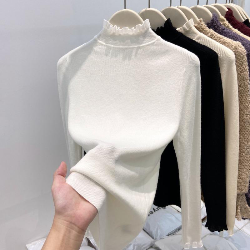 Autumn and winter lace semi-turtleneck knitted bottoming shirt women's soft waxy sweater temperament with high-end long-sleeved top