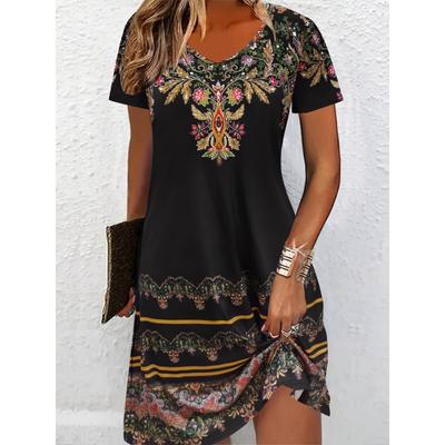 Ethnic Retro Color Block Splicing Fashion Casual Plant Flower Full Body Print Graphic Breathable 3D Print V-Neck Short Sleeve Dress