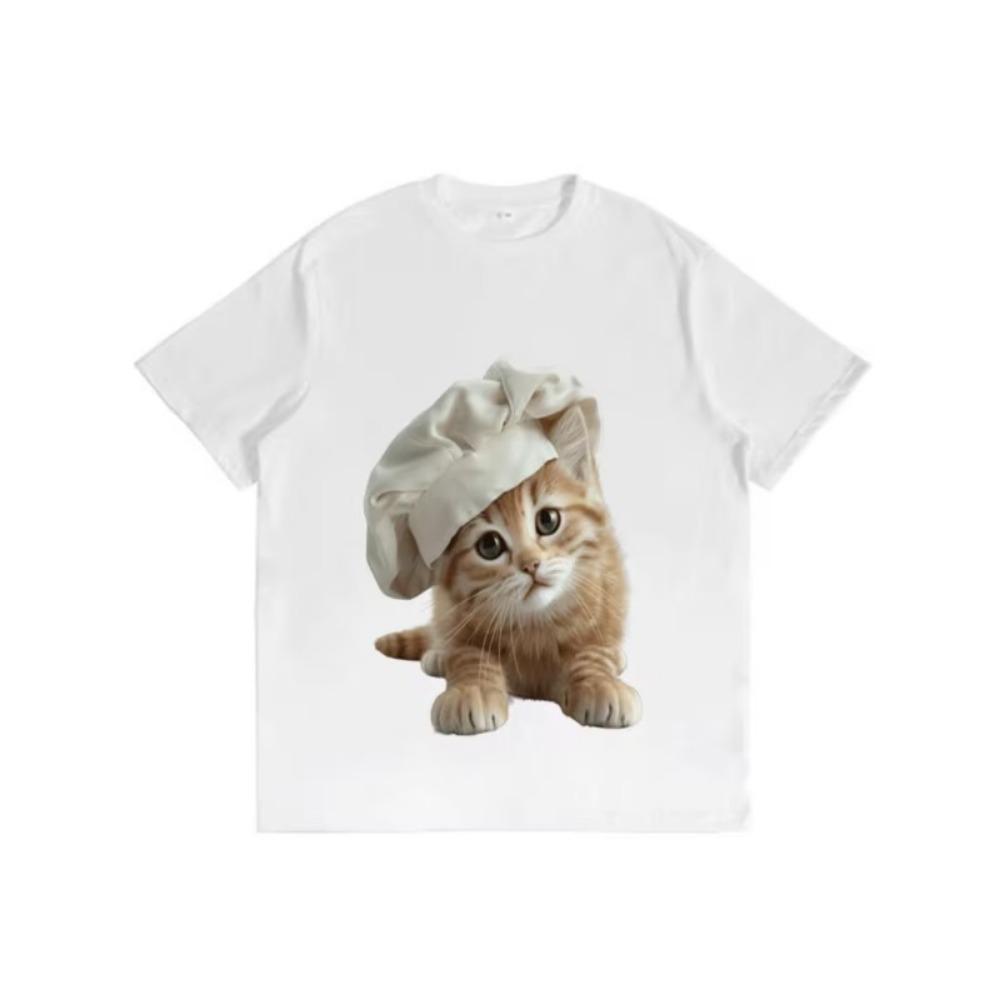 Süßes Koch Orange Kätzchen Druck T-Shirt Unisex Oversized Lässig Rundhals T-Shirt Entzückende Rote Katze als Koch