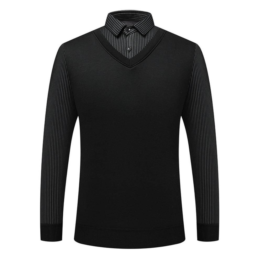 

Autumn Winter Men Slim Fit Warm Elastic Sweater Outdoors Fashion Flip Collar Knitted Tops New Solid Fake Two Piece Pullover Men M чёрный