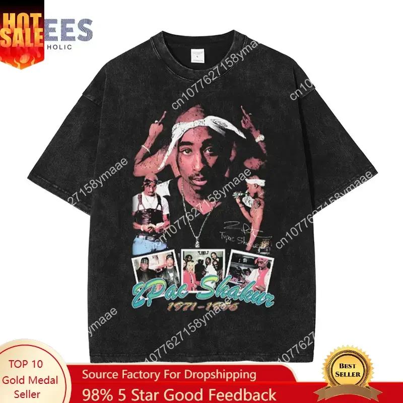 Hip Hop 2Pac T-Shirt Tupac Vintage Gewaschen Rapper Amaru Shakur T-Shirts Oversized Old School T-Shirts Makaveli Retro Tops T-Shirts Herren