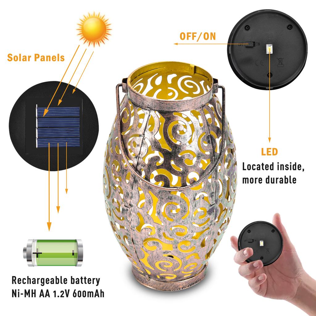 Xidajie Metal Retro Hanging Solar Lights, 2Pack Solar Lanterns With Hollow Patte
