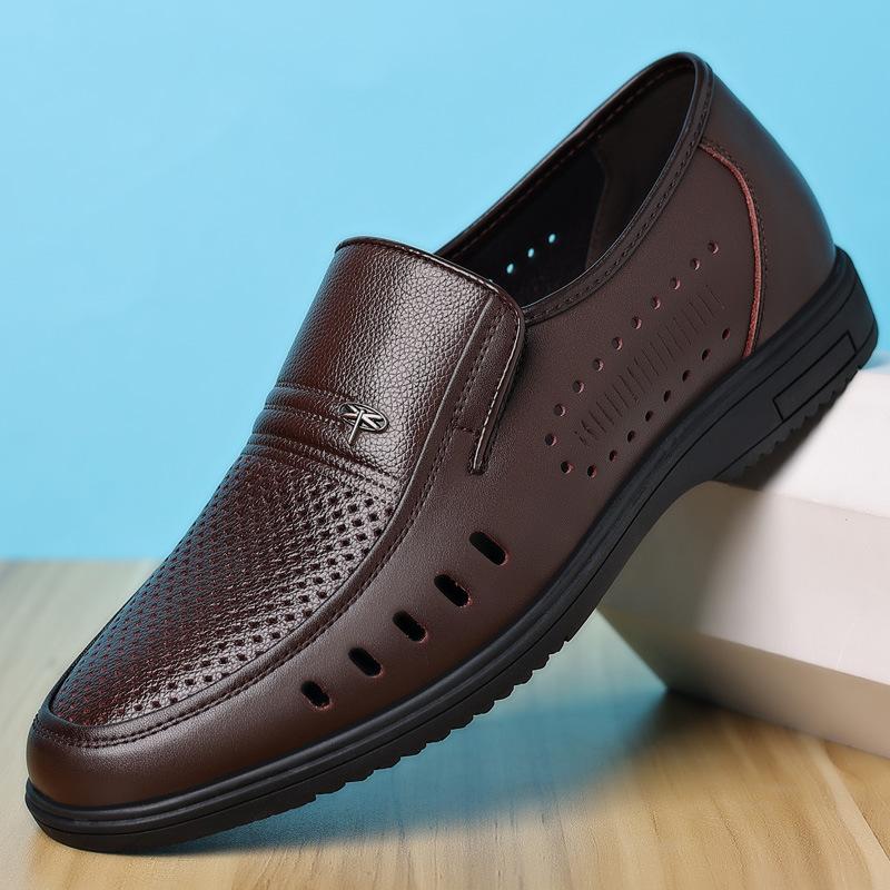 Men's white leather sandals men's new high-end leather shoes summer 40 to 50 years old hollow punched hole dad shoes