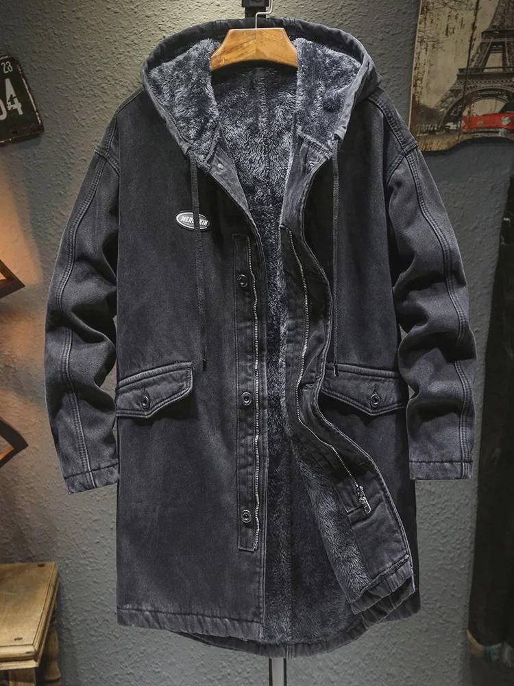 Men's Winter Hooded Denim Jacket - Loose, Large-Size, Mid-Length, Thick Warm Cotton Coat