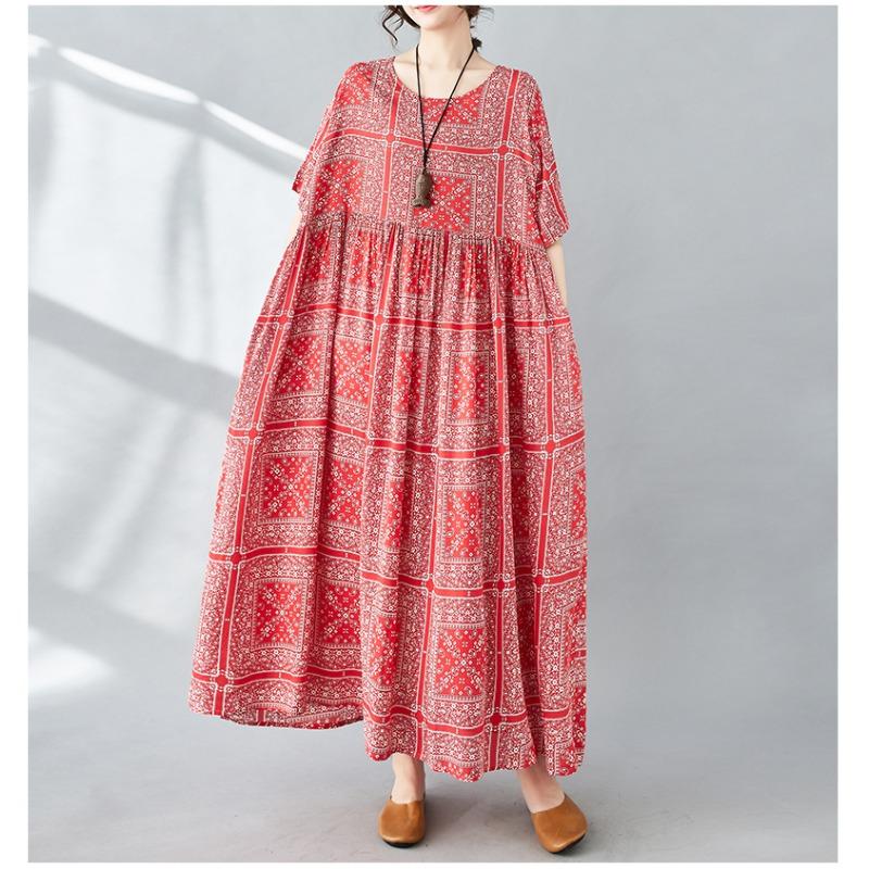 Dimanaf Women Dress Summer Plus Size Beach Sundress Linen Bohemian Print Flowers Fashion Lady Vestidos Loose Casual Long Dress Oversize 9079
