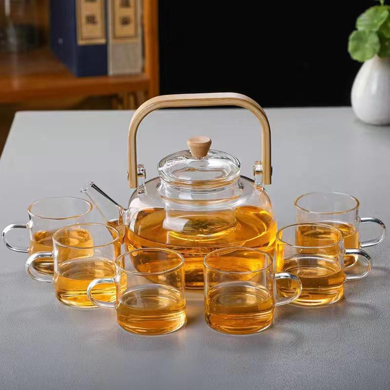 High Temp Resistant Glass Teapot with Bamboo Handle for Boiling Water & Brewing Tea - Complete Tea Set