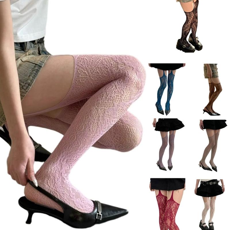 Women Sexy Sheer Fishnet Suspender Tights Garter Belt Pantyhose Hollowed Out Flower Pattern Colored Thigh High Stockings