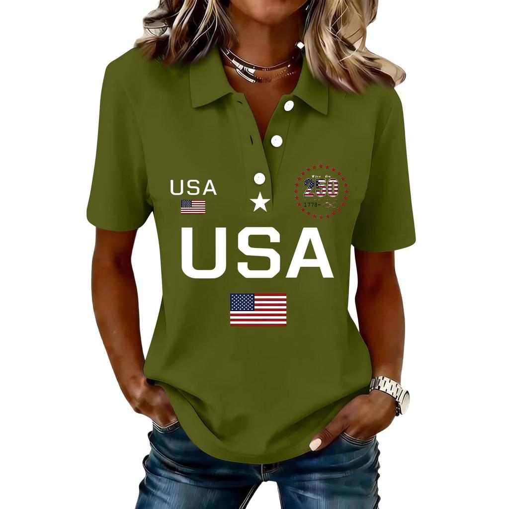 Damen Casual Kurzarm Knopf-Polohemd USA-Aufdruck 250. Jubiläum Grafik Leichtes Sommeroberteil