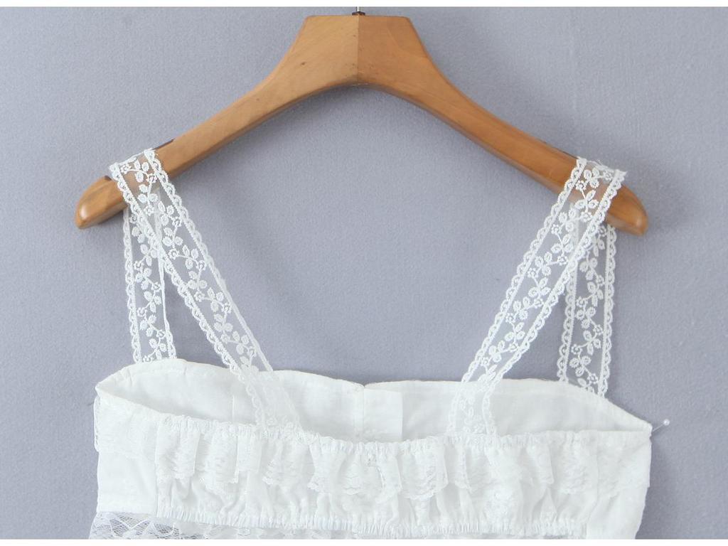 Women's Spring White Lace Cami Top & Ruffle Trim Embroidered Skirt Set