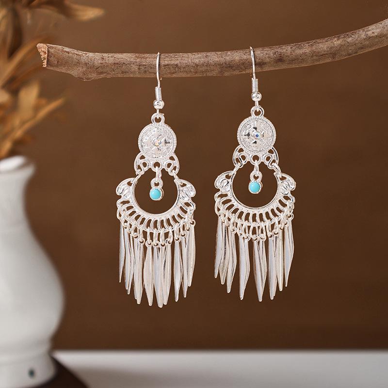 Ethnic Miao Silver Tassel Earrings - Retro Long Dangle Scenic Studs for Women