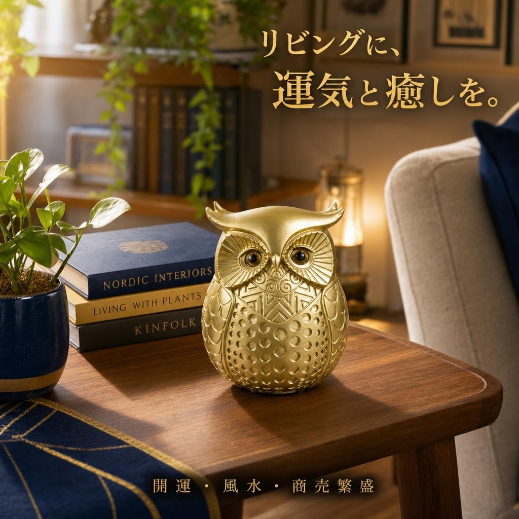 Hyack Owl Figurine, Lucky Charm, Feng Shui, Gold, Gift, Amulet, Talisman, Ornament (Gold) [Parallel Import]