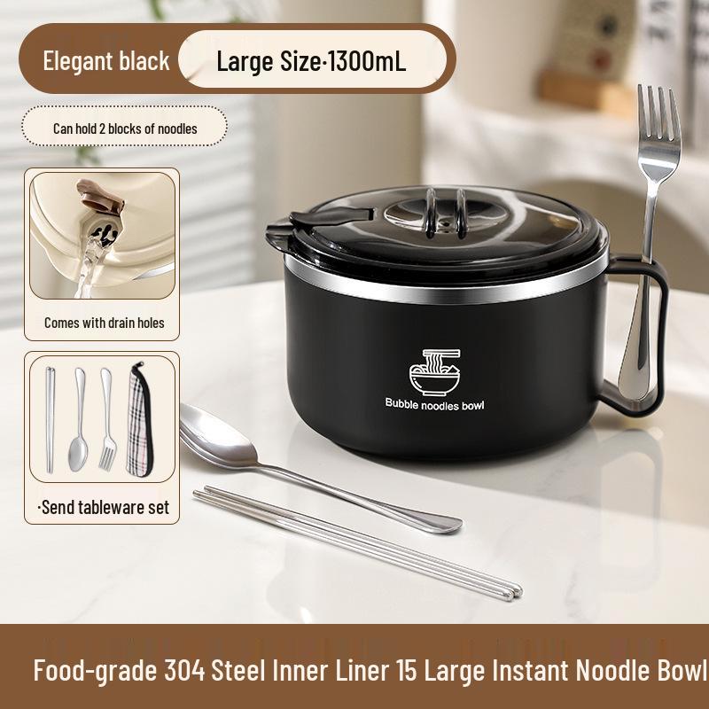 304 Stainless Steel Noodle Bowl with Lid: Large Capacity, Water-Draining for Dorm, Office, or Canteen