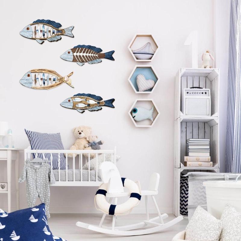 4Pieces Seasides Inspireds Wooden Wall Art Handmade Fish Decorations for Entryway Hallway Interior