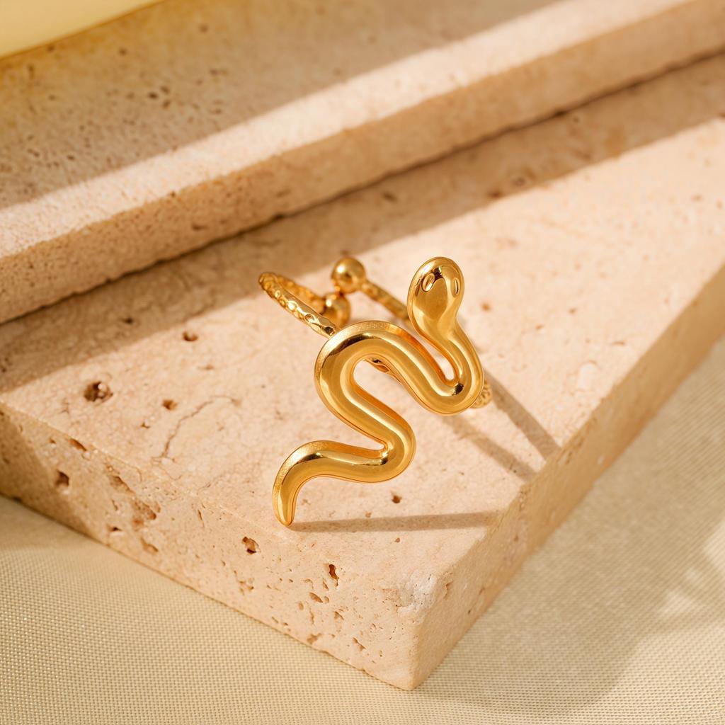 Gold-Plated Snake-Shaped Titanium Steel Adjustable Ring for Women - Retro, Colorfast, European & American Fashion.