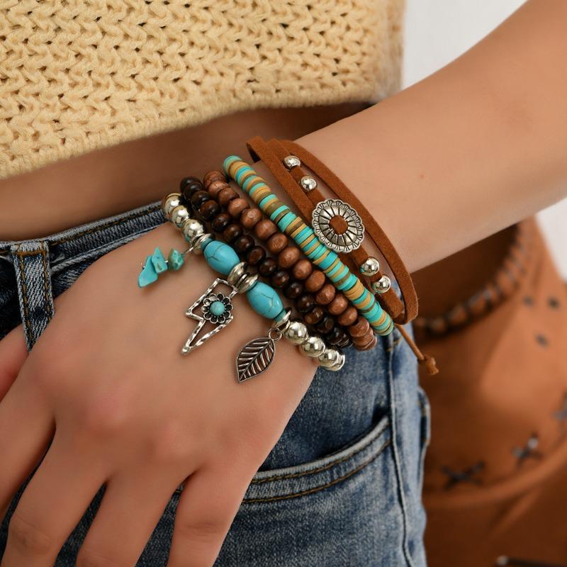 5-Piece Set of New Wood Bead Beaded Soft Pottery Turquoise, Velvet Men's and Women's Bracelets, Suitable for Daily Wear by Men and Women