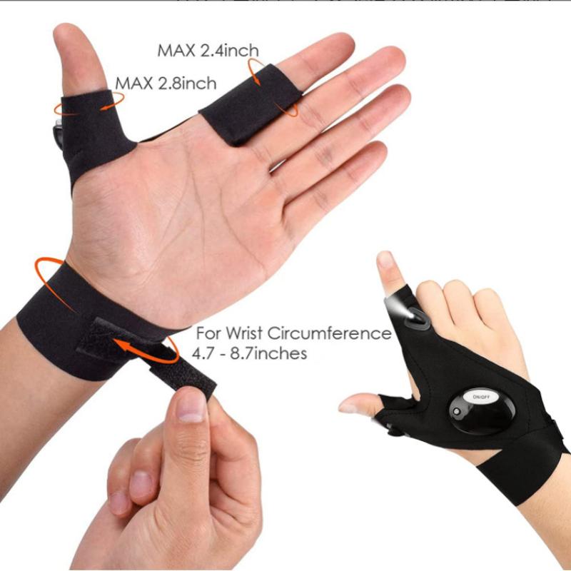 1 Pair Outdoor Fishing Magic Strap Fingerless Gloves Night Light Waterproof Fishing Gloves with LED Flashlight Rescue Tools