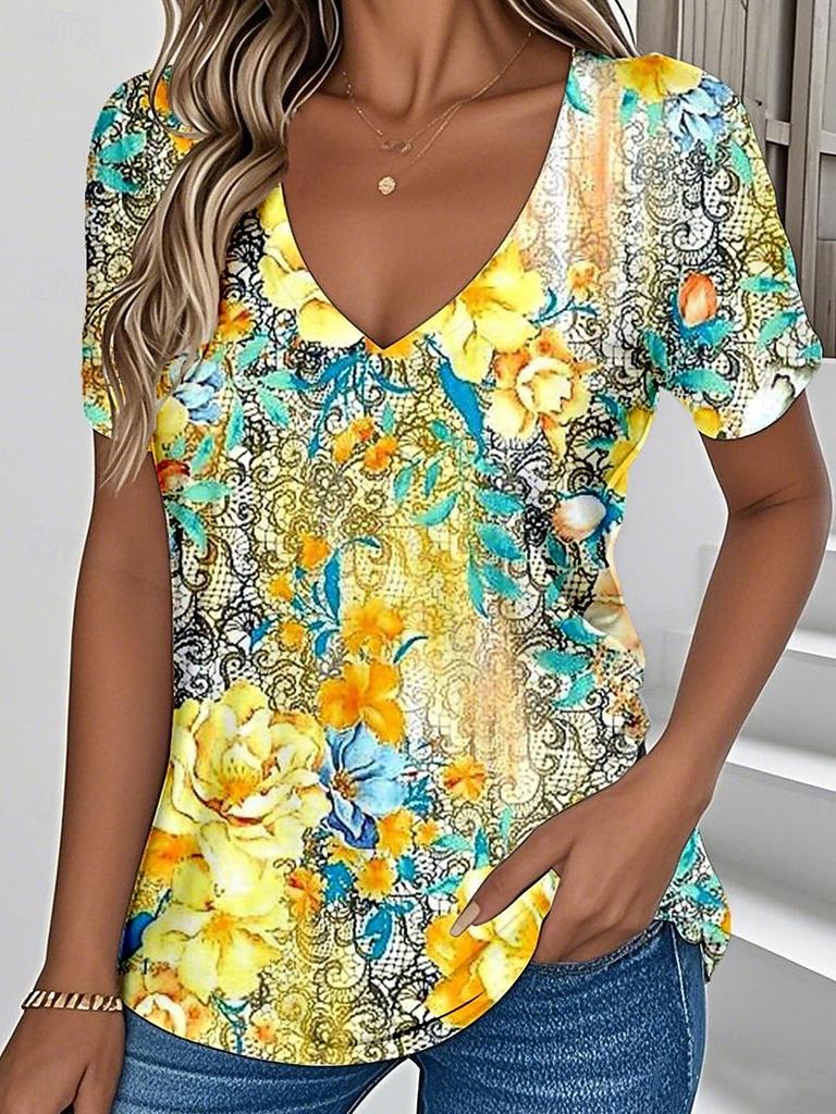 3D Printed Short Sleeve Retro Floral Print Women's V-Neck Pullover T-Shirt Summer Loose Women's Casual Short Sleeve Top