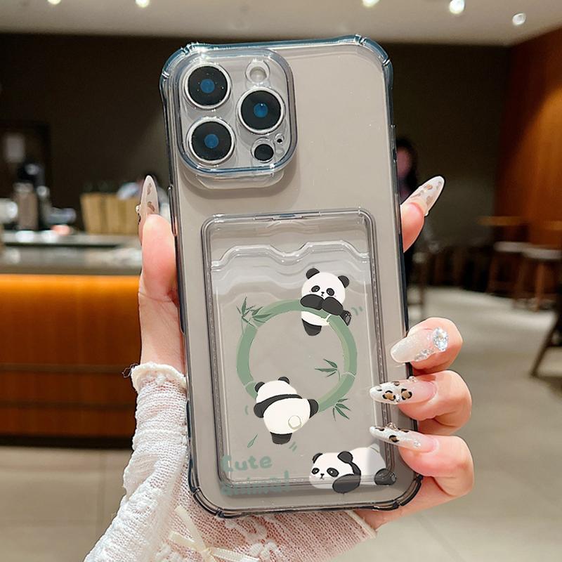 Card Slot Pocket Clear TPU Case For iPhone 17 16 Pro 17e 16e 15 14 13 12 Pro Max 11 Cartoon Panda Soft Silicone Phone Back Cover