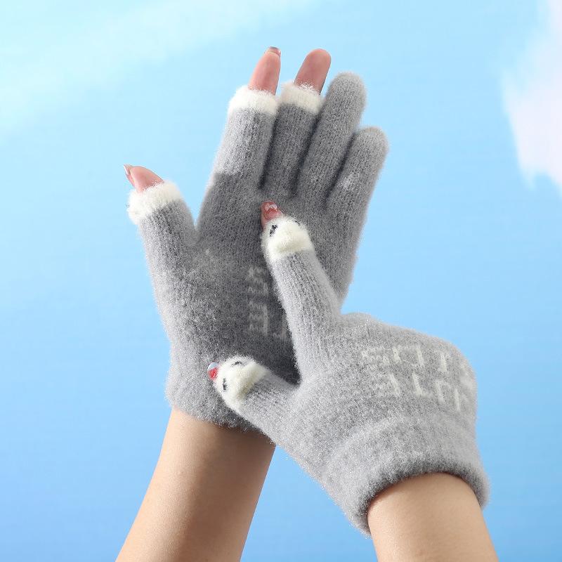 Winter Cartoon Cute Parent Child Gloves Riding Knitted Warm and Cold Baby Leaking Finger Gloves Yarn Thickened Gloves