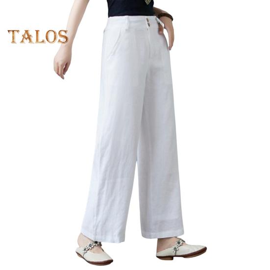 Women Casual Pants Elastic High Waist Buttons Zipper Fly Long Trousers with Pockets Solid Color Straight Wide Leg Slacks Daily Wear
