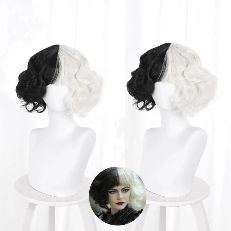 Cruella De Vil Kuila Half Black Half A Hundred Small Short Curly Cos Synthetic Wig Caps for Making Wigs Danganronpa