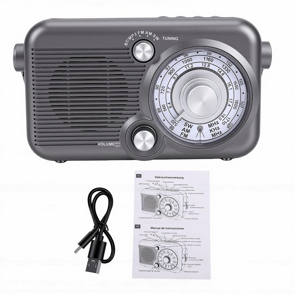 Portable AM FM SW Radio Transistor Radio 60W Retro Bluetooth Speaker with Headphone Jack USB Bluetooth MP3 Playback for